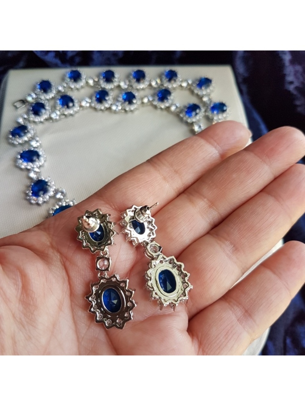 Swarovski Elements Platinum Plated Sapphire Blue Diana Drop Earrings NEW - Picture 12 of 17